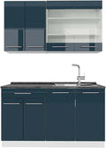 Vicco Cuisine Fame-Line, Bleu foncé Brillant/Blanc, 140 cm, PT Anthracite