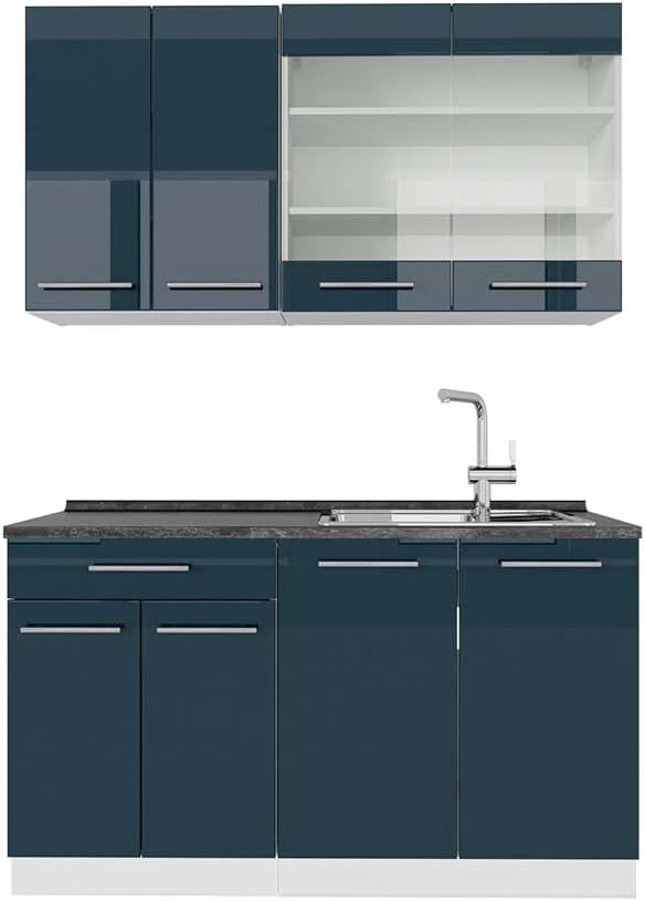 Vicco Cuisine Fame-Line, Bleu foncé Brillant/Blanc, 140 cm, PT Anthracite