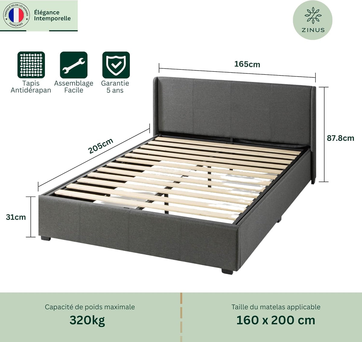 Zinus Maddon Lit Coffre 160x200 cm - Hauteur 31 cm - Système de Levage Hydraulique - Tête et Cadre de Lit Double en Bois tapissier - Gris foncé