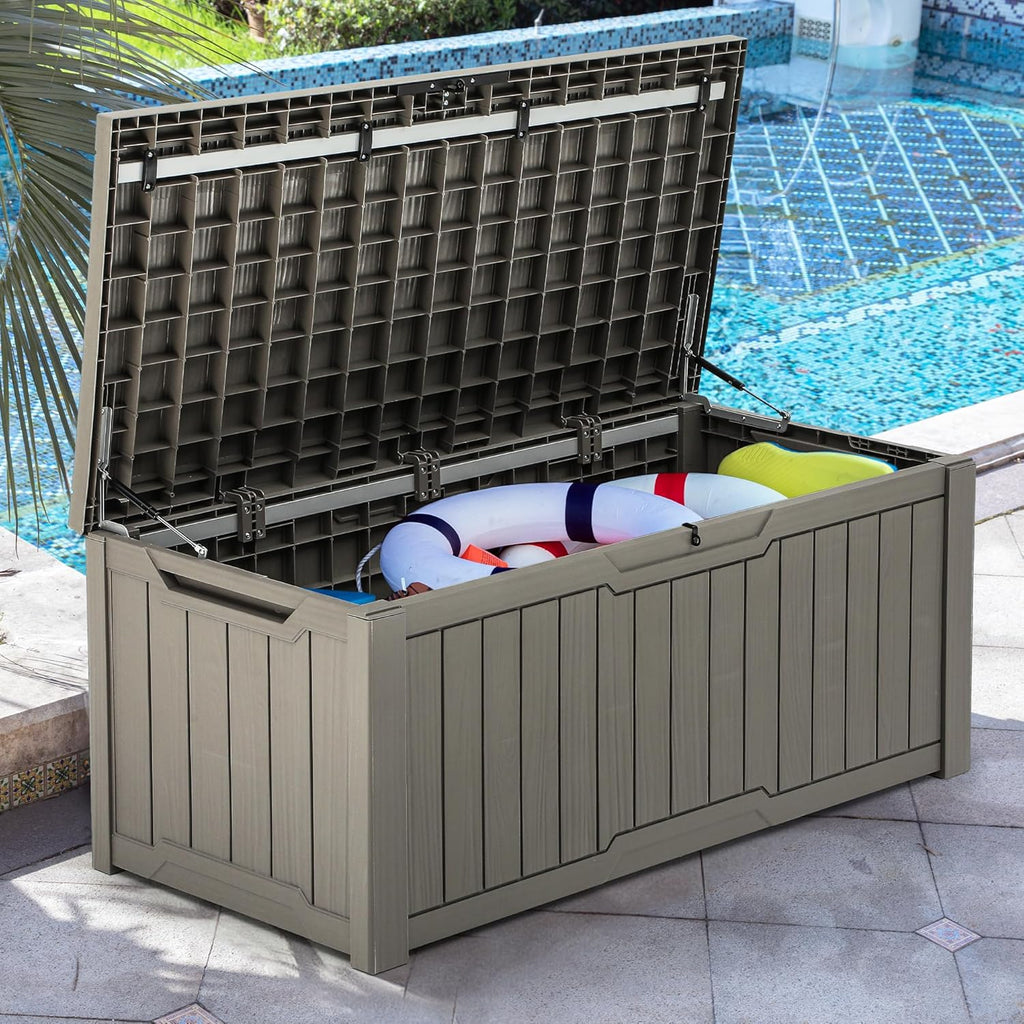 YITAHOME Coffre de Rangement Extérieure de 450L, Grand Rangement de Terrasse en résine Pour oreiller Extérieur, Outils de Jardin et Fournitures de Piscine, étanche, Verrouillable, Marron Clair