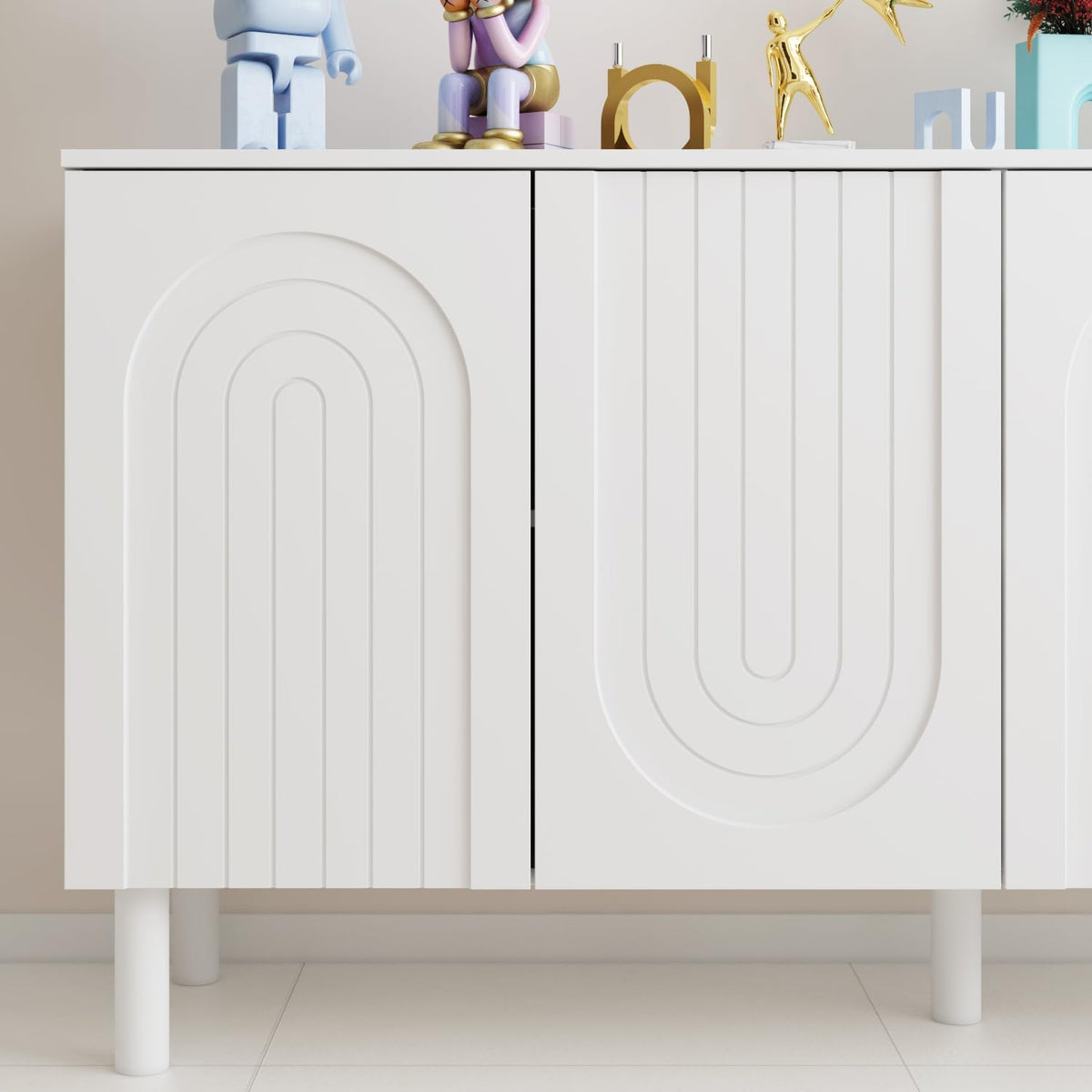 PREMTURE Buffet blanc - Armoire de rangement à 4 portes - Design élégant avec bouton pression - Pieds en bois massif - 160 x 80 x 40 cm