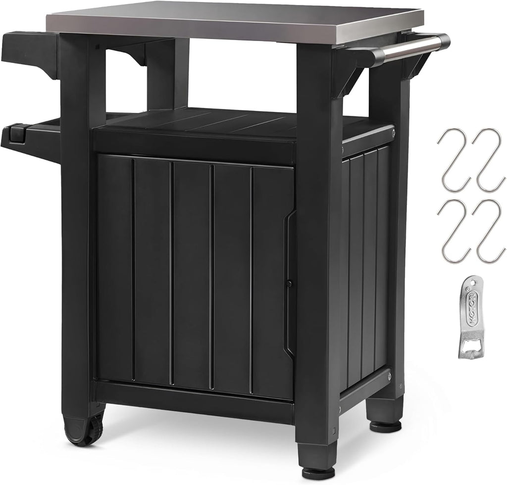 Keter Unity Chariot de table portable résistant aux intempéries avec comptoir en acier inoxydable, crochets de rangement et barres latérales, gris