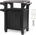 Keter Unity Chariot de table portable résistant aux intempéries avec comptoir en acier inoxydable, crochets de rangement et barres latérales, gris