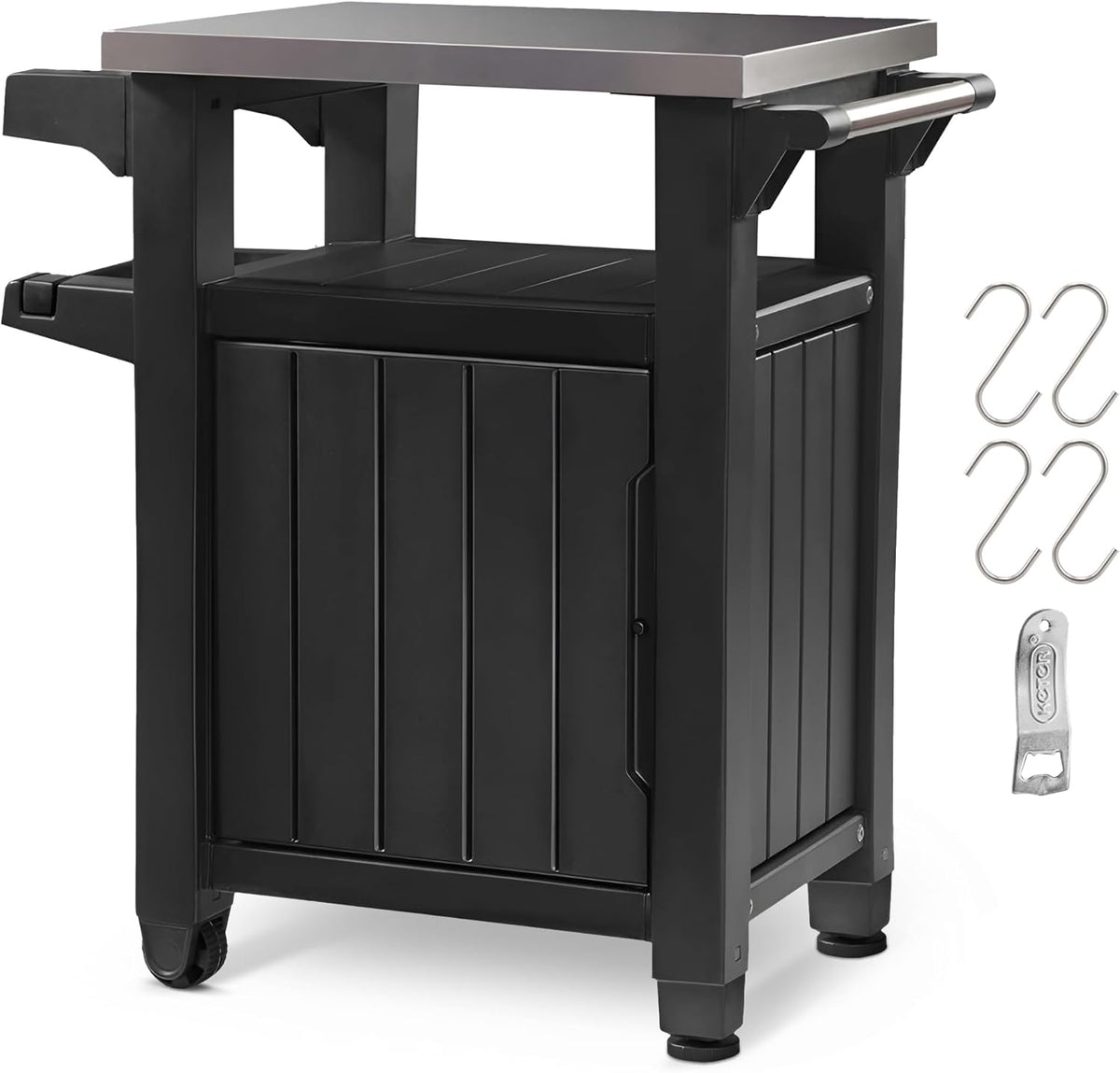 Keter Unity Chariot de table portable résistant aux intempéries avec comptoir en acier inoxydable, crochets de rangement et barres latérales, gris