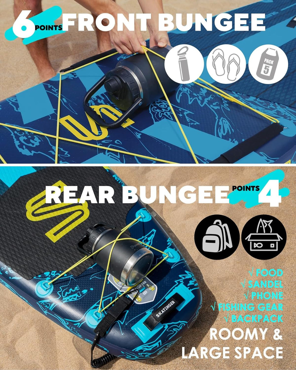 Skatinger Planche à pagaie Gonflable Super Large de 3,4 m x 9,9 m, Ultra Stable pour 2 + 1 Personnes/Famille/Grande Taille avec bandoulière, Sac à Dos de 100 L, Planche à pagaie complète, aileron