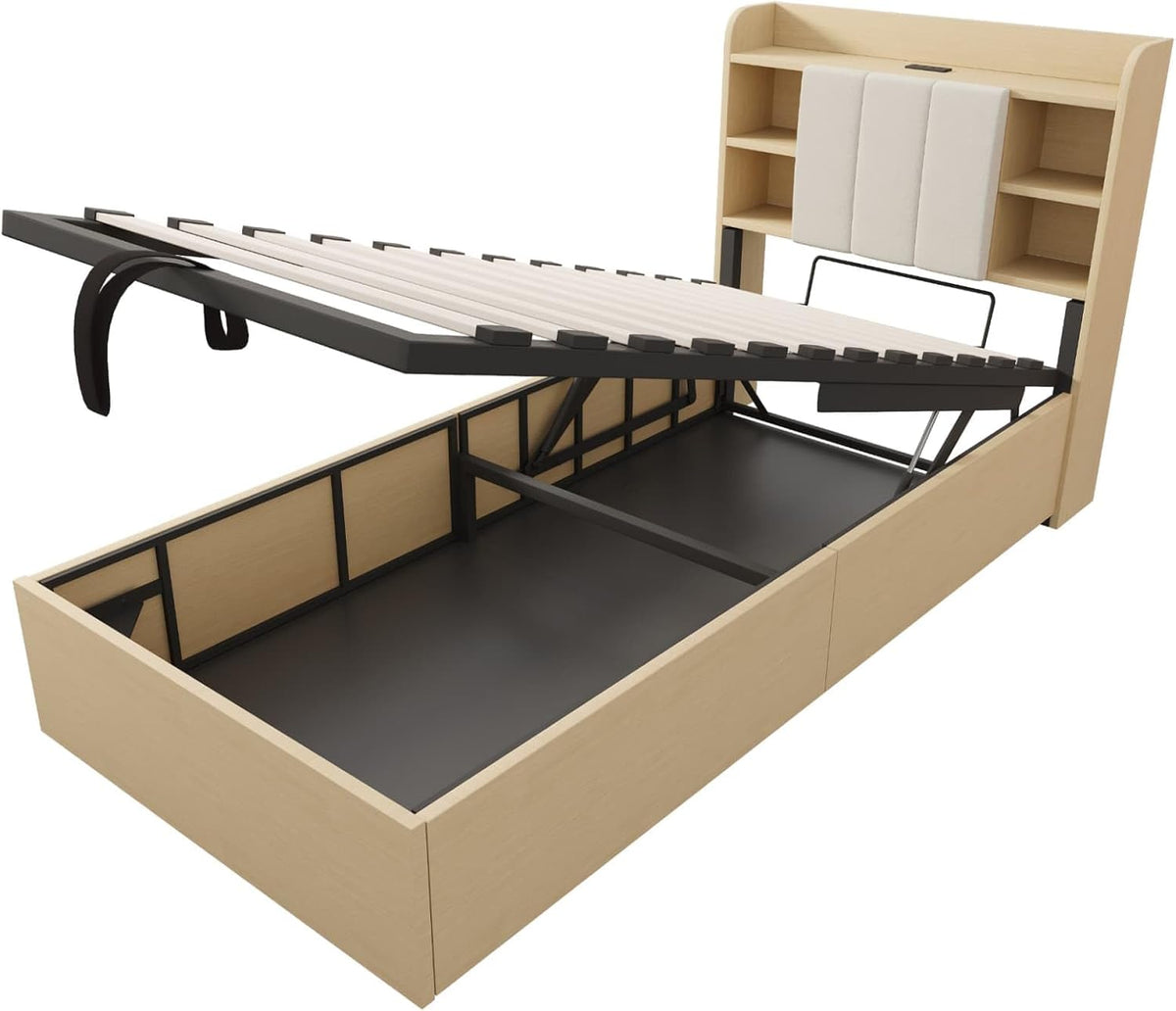 EURHCIO Lit Une Place 90x200 avec Ports USB/C,Tête de lit à Rangement,Lit Coffre avec Sommier à Lattes Solide,pour Ado Adulte Naturel, 90x200