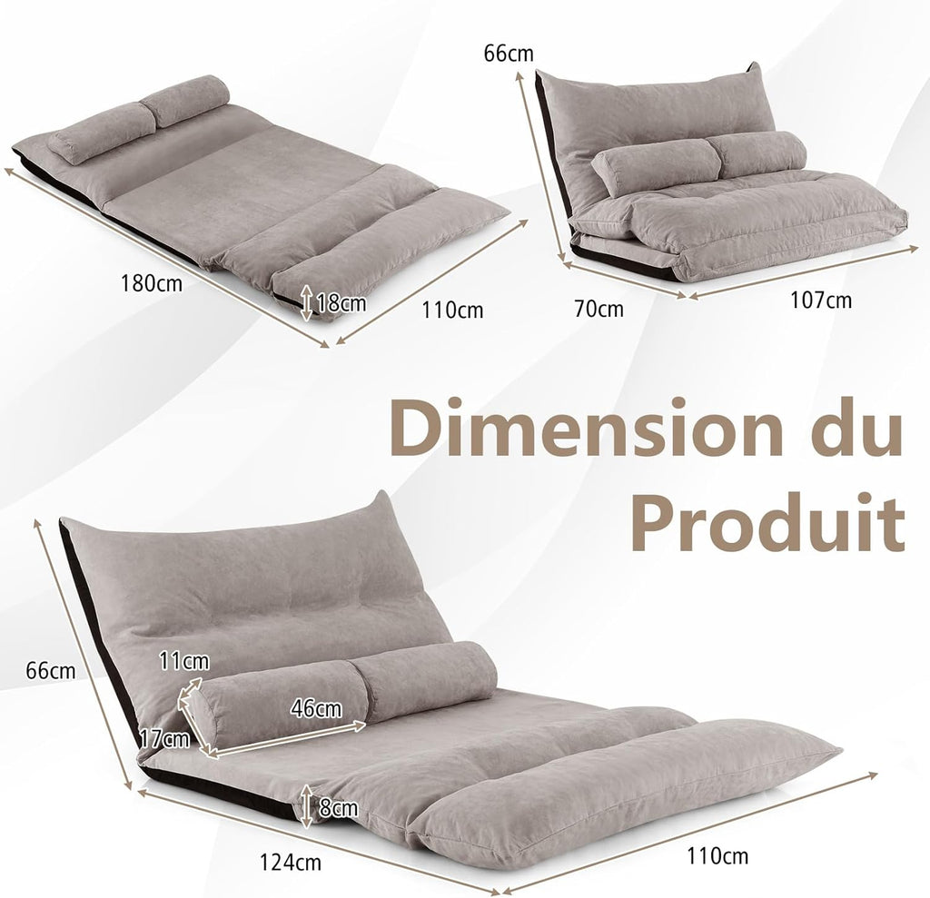 COSTWAY Canapé-lit Paresseux Pliable, Canapé Convertible avec Dossier Réglable à 42 Positions, Chauffeuse avec 2 Oreillers, Sofa pour Salon, Chambre, Balcon, Gris