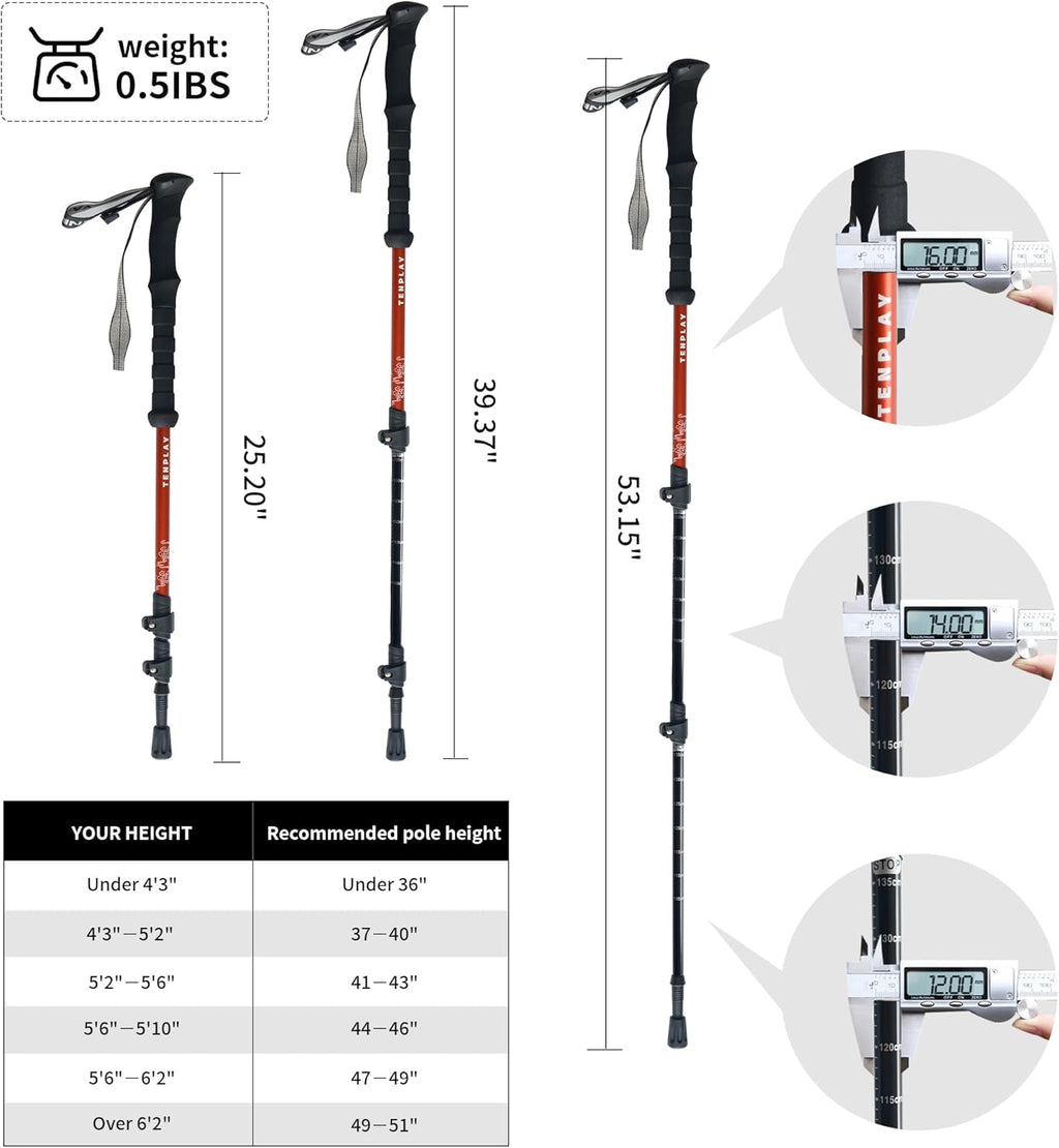 TENPLAY Bâton de randonnée en aluminium 7075 avec poignées antidérapantes en EVA, verrouillage rapide à levier, 3 sections pliable, 135 cm, léger, 0,2 kg, bâtons pour randonnée, alpinisme, randonnée,