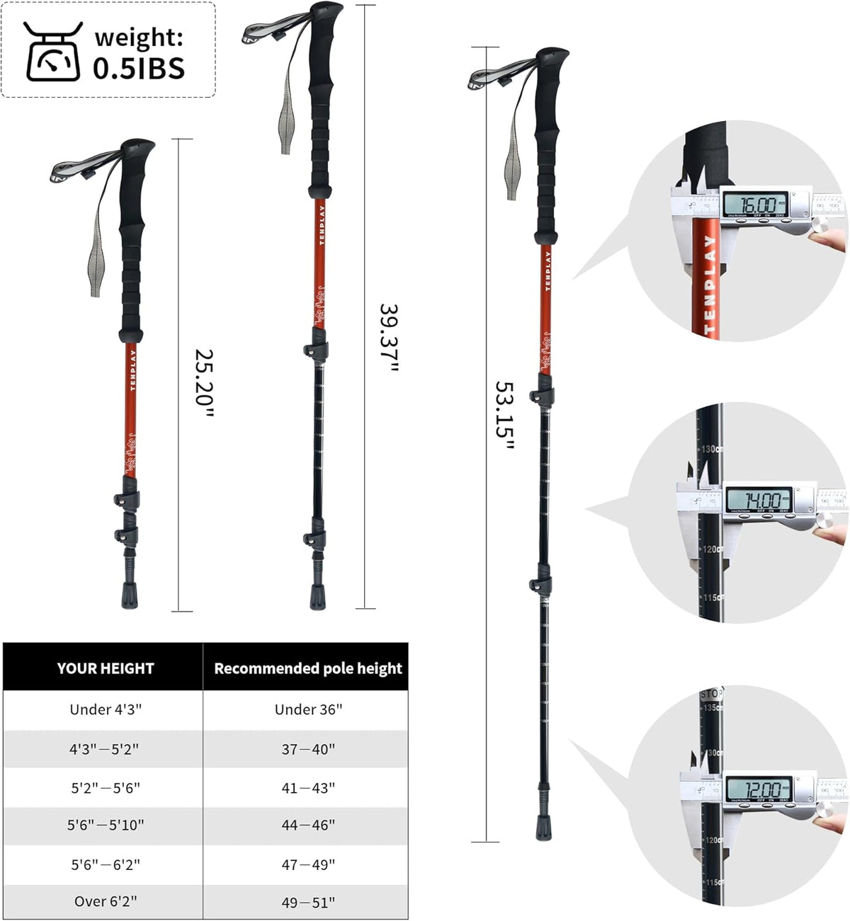 TENPLAY Bâton de randonnée en aluminium 7075 avec poignées antidérapantes en EVA, verrouillage rapide à levier, 3 sections pliable, 135 cm, léger, 0,2 kg, bâtons pour randonnée, alpinisme, randonnée,
