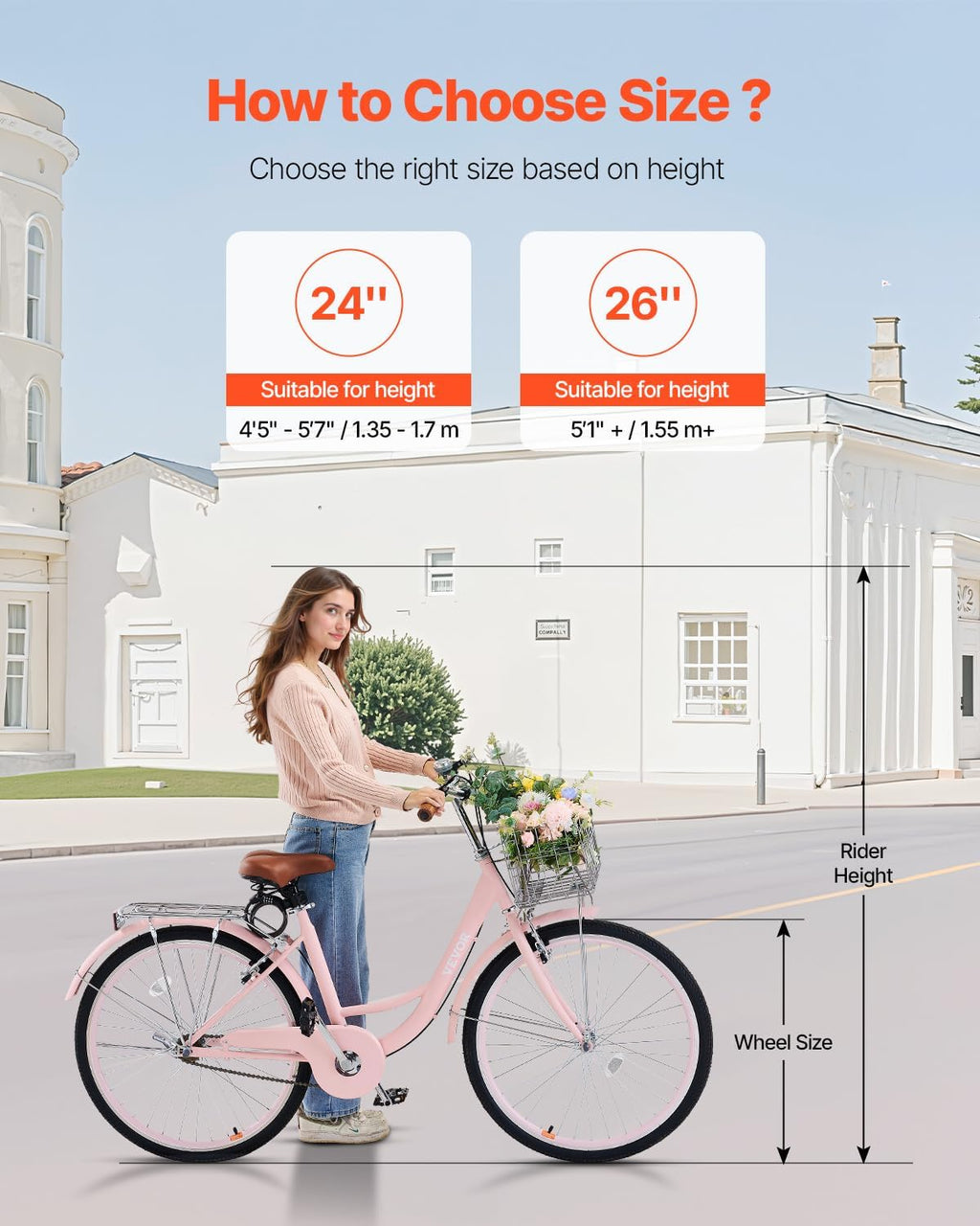 VEVOR Vélo croiseur, Vélo de Plage avec Panier de Grande capacité, Porte-Bagages arrière et siège réglable, sécurisé et Robuste, pour Cyclisme..