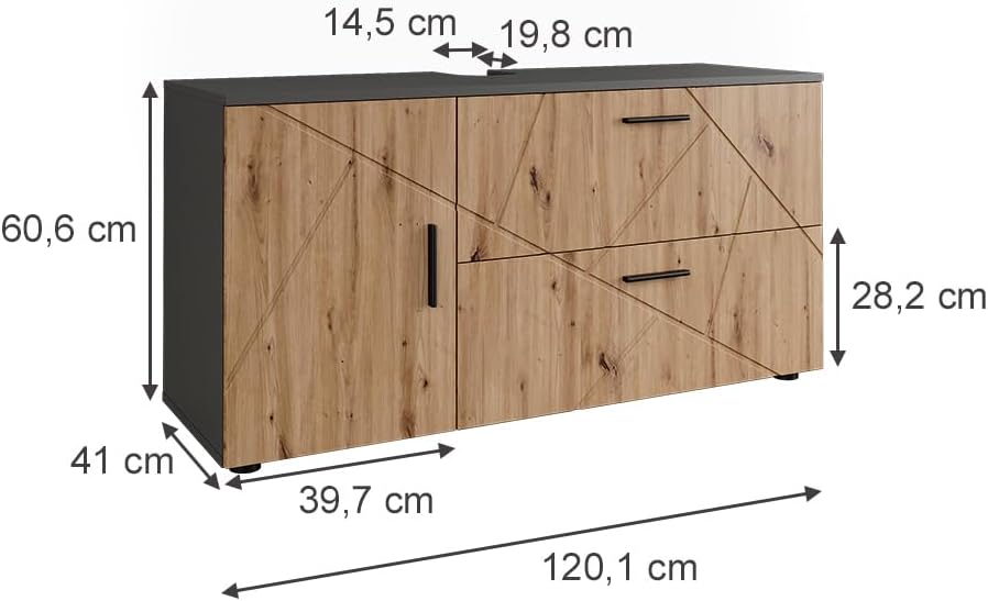 Vicco Meuble sous Vasque Irma, Anthracite/Artisan, 120.1x60.6cm avec 2 tiroirs et 1 Porte