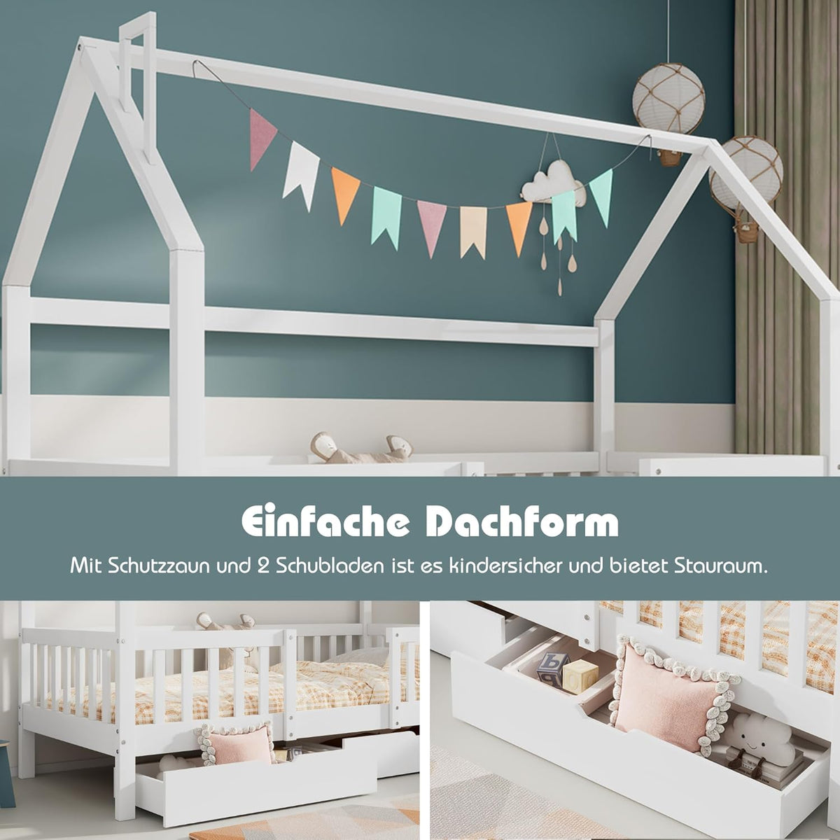 Merax Lit de Maison 90 x 200 cm, sommier à lattes en bois, tiroirs, chambre enfant
