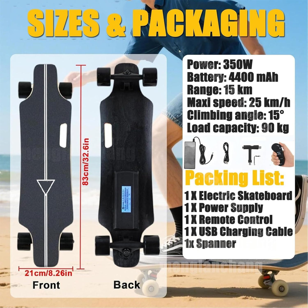 menglanchang Longboard éLectrique avec TéLéCommande:Vitesse Maximale 20/25Km/H,Autonomie 8/15/22/30km,4 Vitesses,Roues Absorbant Chocs Et PoignéE Transport,Skateboard éLectrique pour Campus,Ville 8km