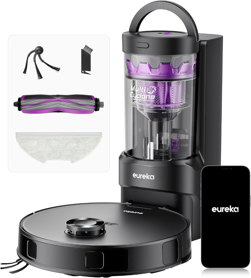 Eureka E20 Evo Plus Robot Aspirateur Laveur avec Station sans Sac Aspiration 10000 Pa Aspirateur Robot Autovidange, Anti Enchevêtrement pour Cheveux Poils d'animaux, Soulèvement de Serpillière 10mm