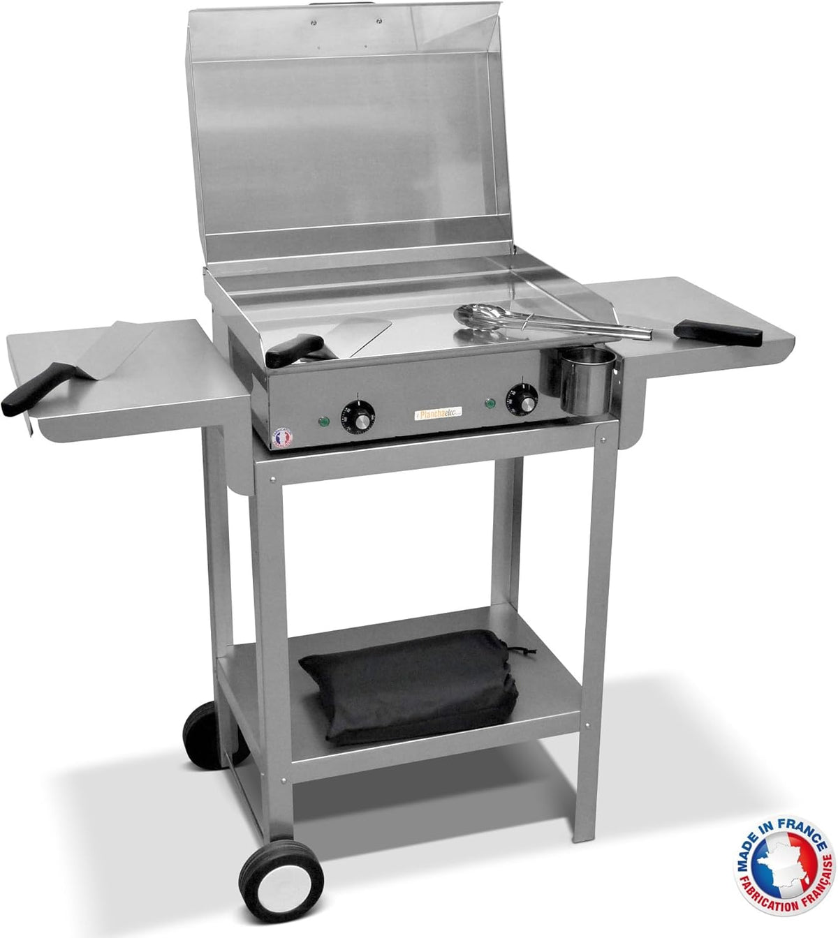 PLANCHAELEC - Pack Complet Plancha Electrique NEO E530-2400W - Chariot + Accessoires - Inox - Thermostat Réglable - 8 Personnes - Made In France - L53 X P43 X H18 cm