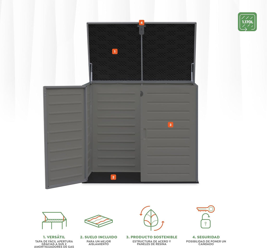 Armoire en résine 140x82x124cm. Structure en Acier, avec Plancher Inclus. Coffre extérieur, Hangar 1170 litres