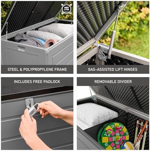 Olsen & Smith Abri de jardin en plastique de grande capacité – Résistant aux intempéries et assis avec coffre effet bois (680 L, anthracite)