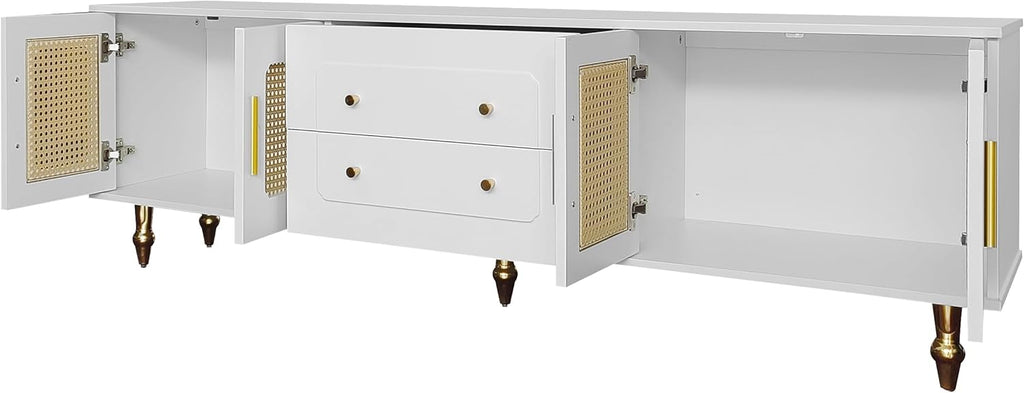 Meuble TV bas de style rétro avec 6 compartiments de rangement, poignées dorées, porte en rotin et pieds en métal, buffet TV pour salon (blanc, 175 x 38 x 55,5 cm)