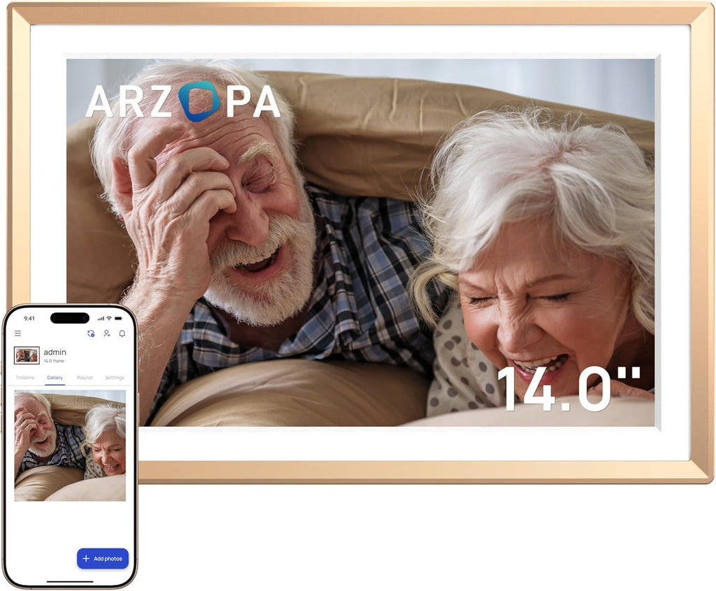 ARZOPA 14 Pouces Cadre Photo Numérique en Métal Stockage Cloud Gratuit 1920*1200 FHD Écran Tactile Partager Photos Vidéos Illimitées Cadre Numérique Photo Connecté WiFi Cadeau Parfait pour Famille-D14