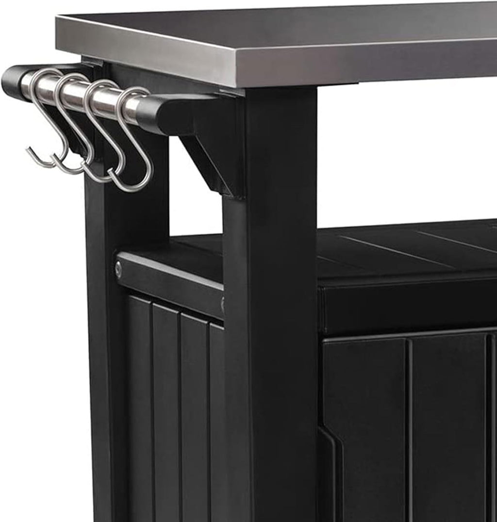 Keter Unity Chariot de table portable résistant aux intempéries avec comptoir en acier inoxydable, crochets de rangement et barres latérales, gris