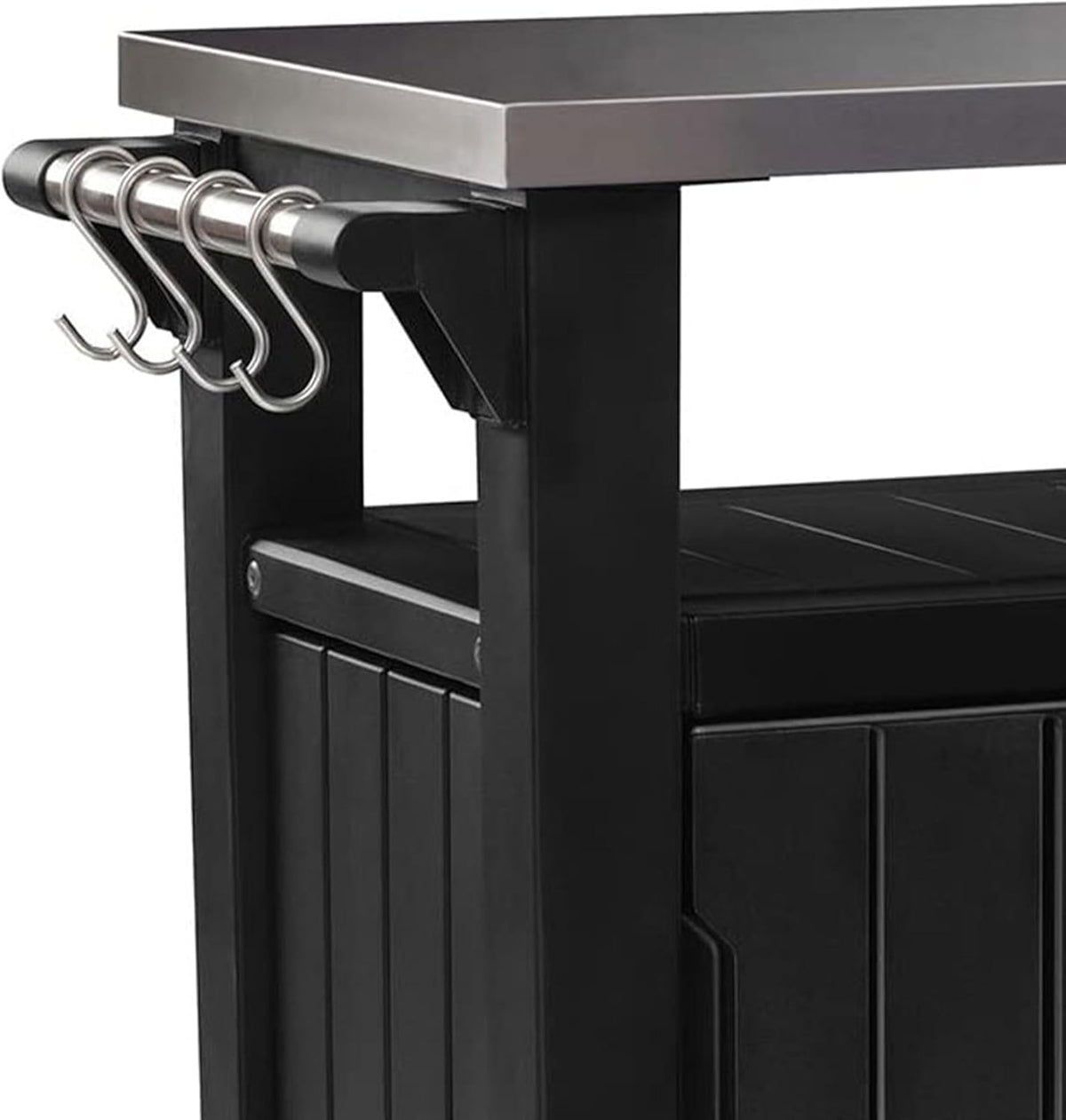Keter Unity Chariot de table portable résistant aux intempéries avec comptoir en acier inoxydable, crochets de rangement et barres latérales, gris