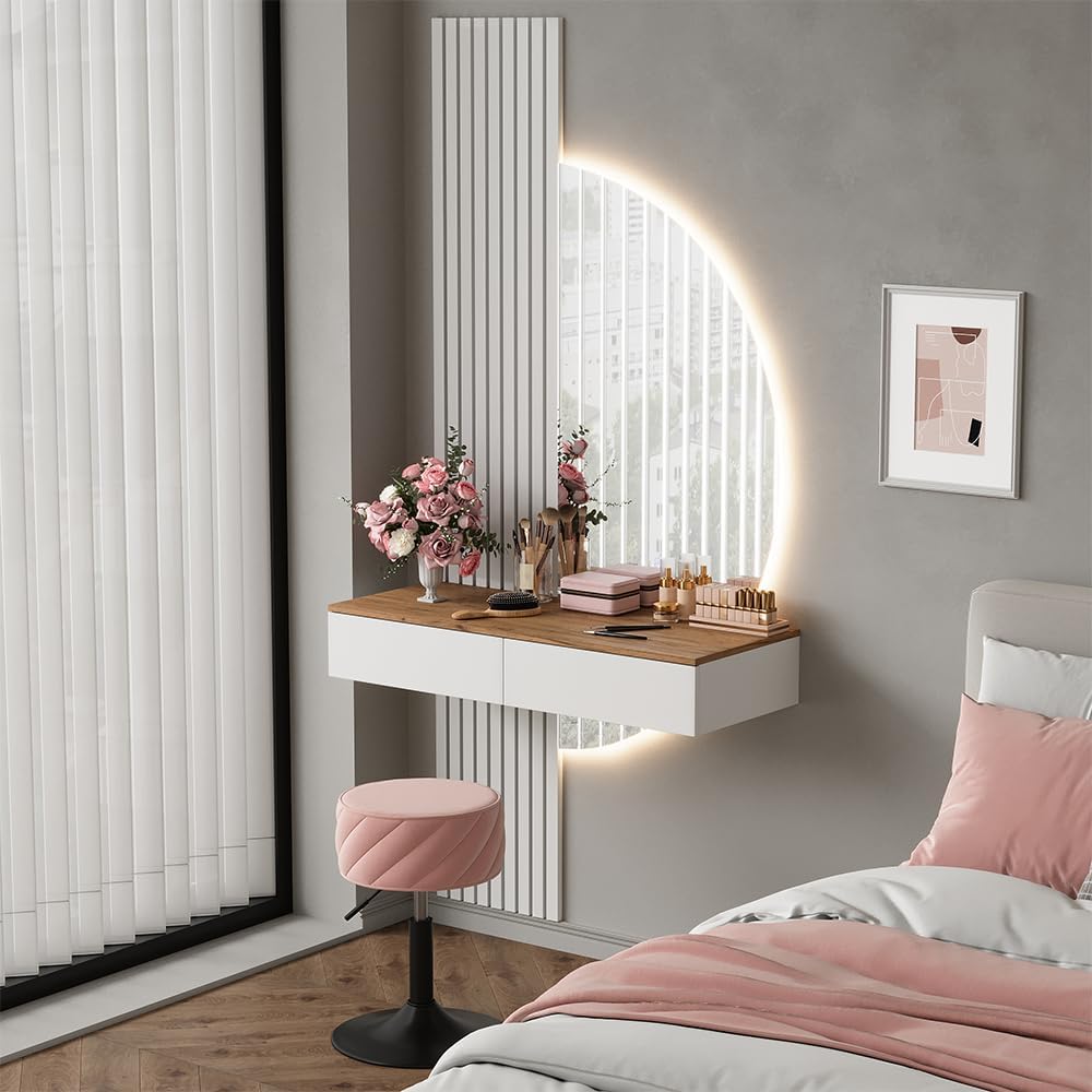 Vicco Coiffeuse Melina, Blanc/chêne, 100cm avec Miroir LED