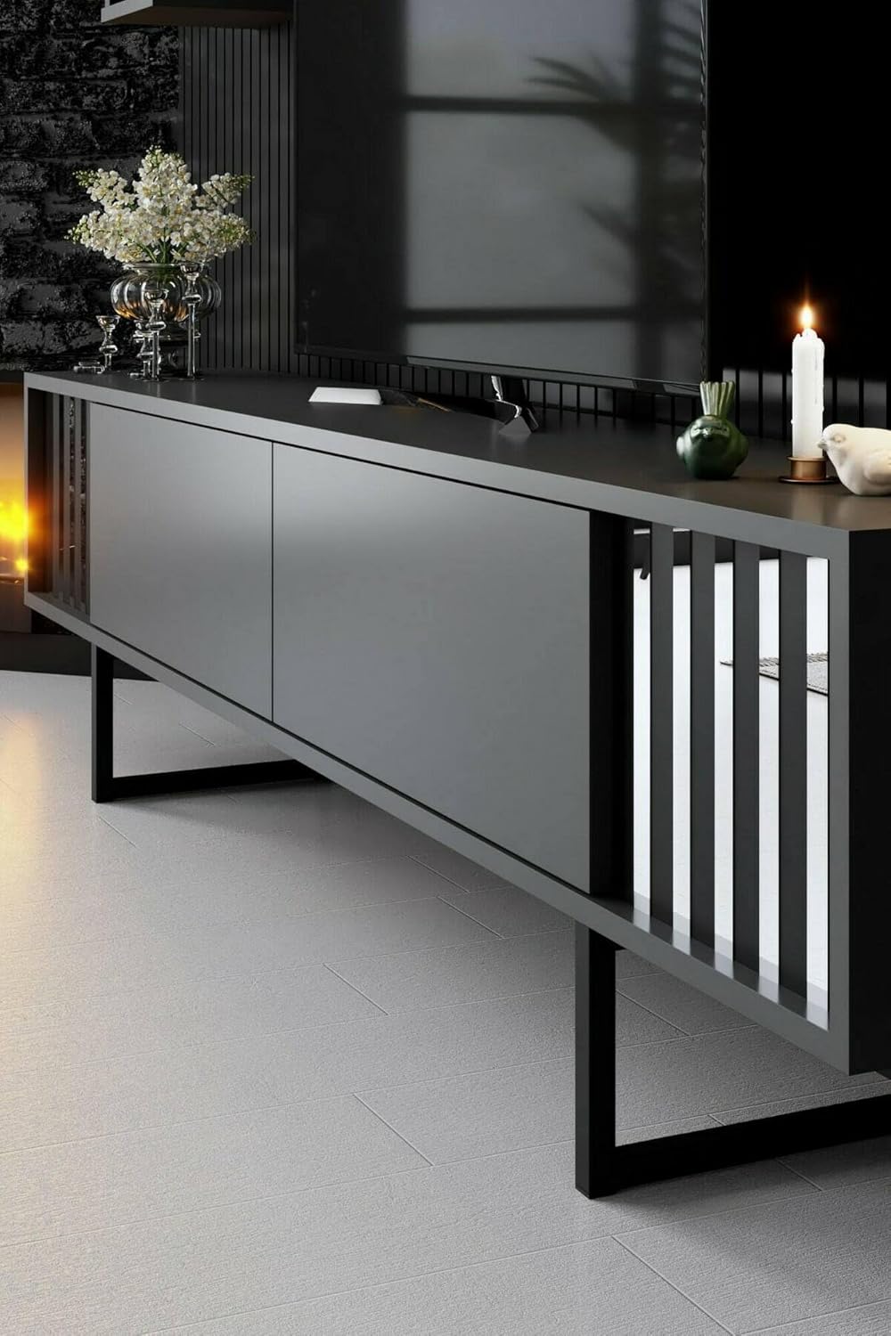 Dmora - Meuble TV Ananke, Buffet de Salon, Armoire Basse pour TV, Base Murale de Rangement, 180x30h48 cm, Anthracite et Noir