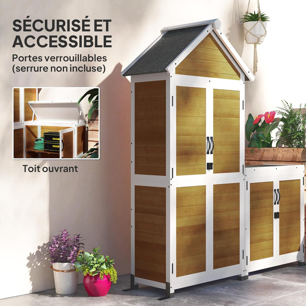 Outsunny Abri de Jardin + Armoire de Rangement en Bois, cabane de Jardin extérieur intérieur avec Toit incliné en Asphalte, étagères et Portes verrouillables, Armoire à Outils pour Balcon, Naturel