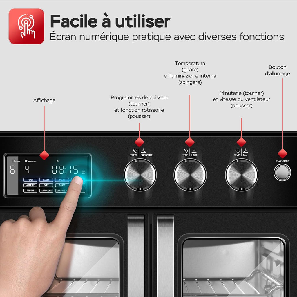 TurboTronic Mini four, four à air chaud 4 en 1 et friteuse à air chaud, version XXL 32 L, y compris tournebroche et de nombreux accessoires, plaque de cuisson, déshydrateur à partir de 25 °C & grill