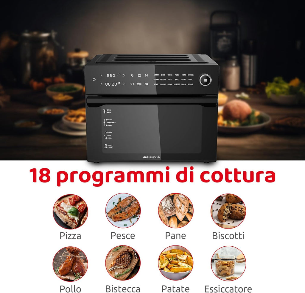 Melchioni Family | Heißluftfritteuse mit 30 Liter Kapazität BENEDETTA, Digitales Display, Dual Cook Funktion, Air Fryer mit 18 Programmen, 30-230°C, Timer 12h, Schwarz, Noire