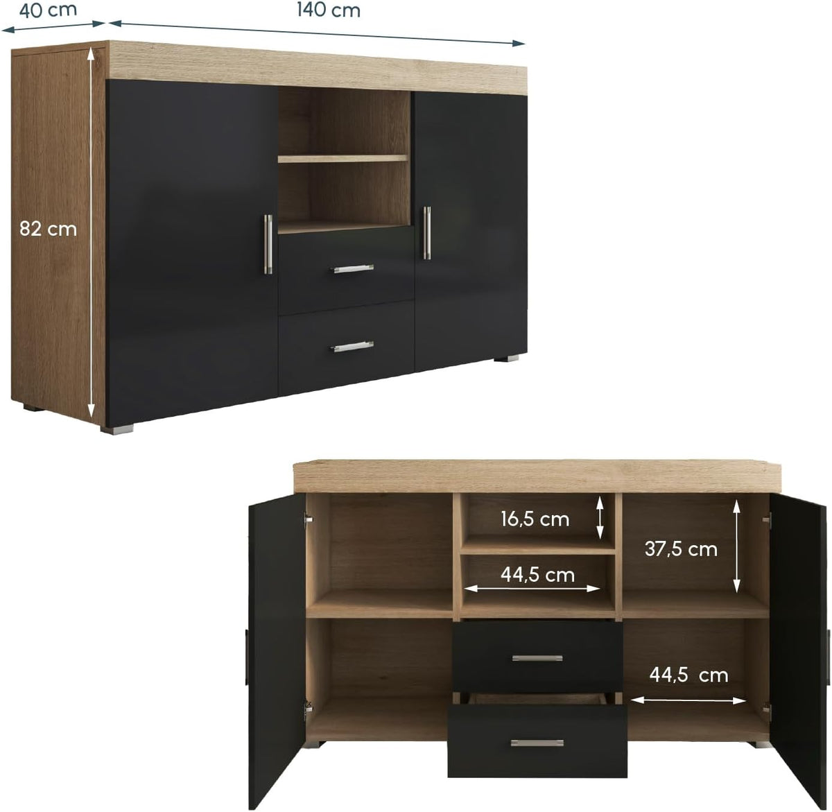 MB Muebles Bonitos, Buffet Roque pour Salon et Salle à Manger Moderne, Meuble TV en Mélamine, Couleur Sonoma Mat et Noir Brillant, 140x80x40 cm