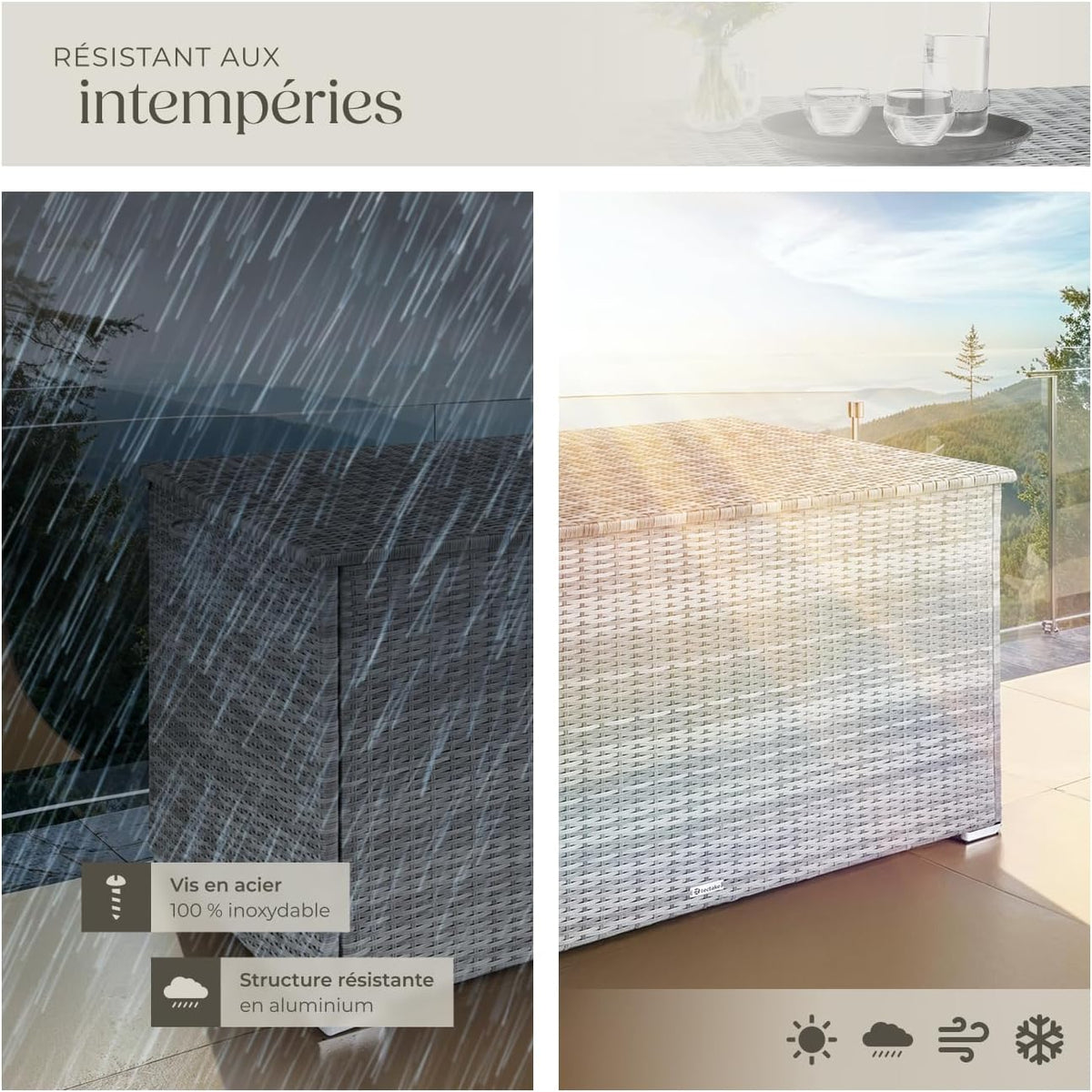 TecTake® Coffre de jardin Exterieur, Coffre à Coussins 750 L en Aluminium Polyrotin 145 x 82,5 x 79,5 cm, Couvercle Rabattable, Poignées pour Rangement des Outils de Jardin, Jouets