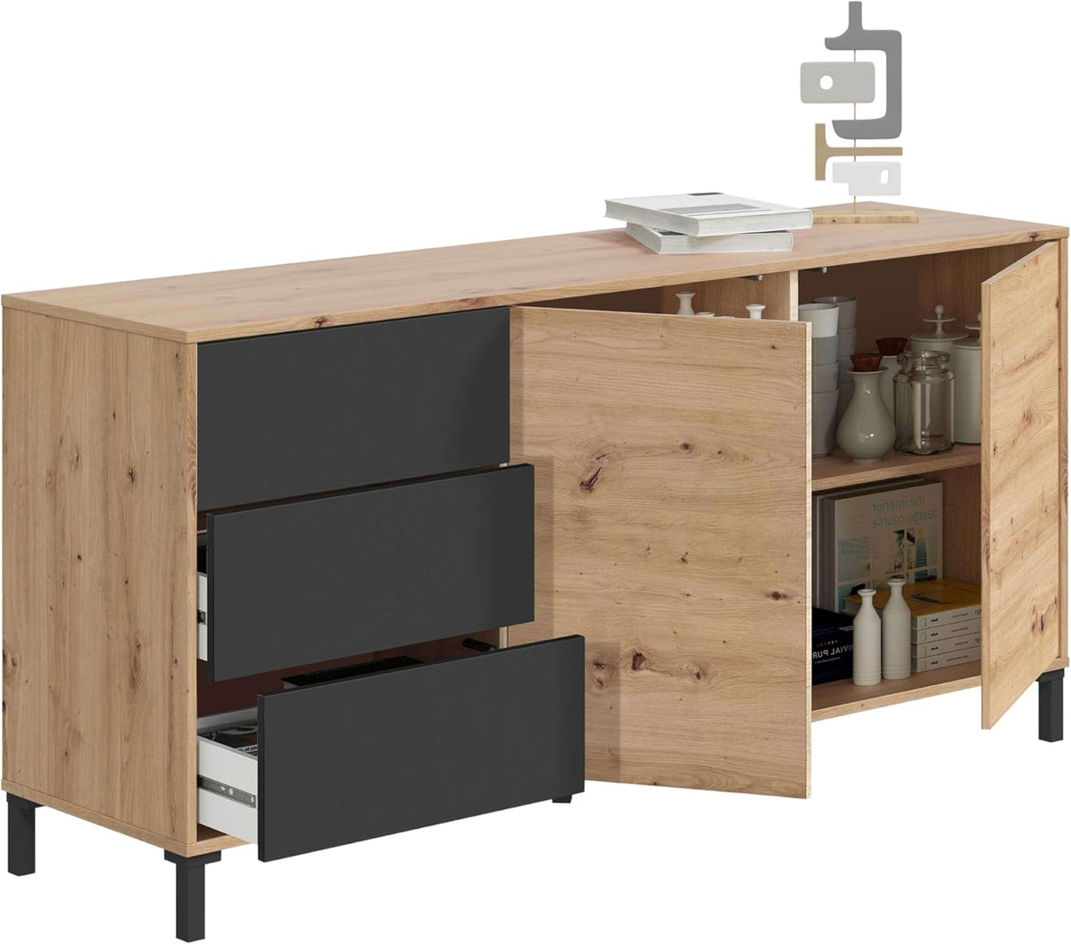 Habitdesign modèle Brooklyn Buffet 2 portes et 3 tiroirs, finition chêne Nodi et gris anthracite, dimensions : 154 x 74 x 41 cm l x H x P .