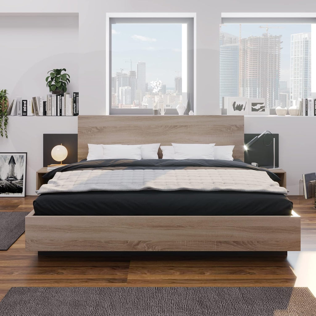Lit moderne en bois 160 x 200 cm – Avec 2 tables de chevet et design en bois naturel – Ensemble de chambre à coucher en chêne Sonoma (gris foncé)
