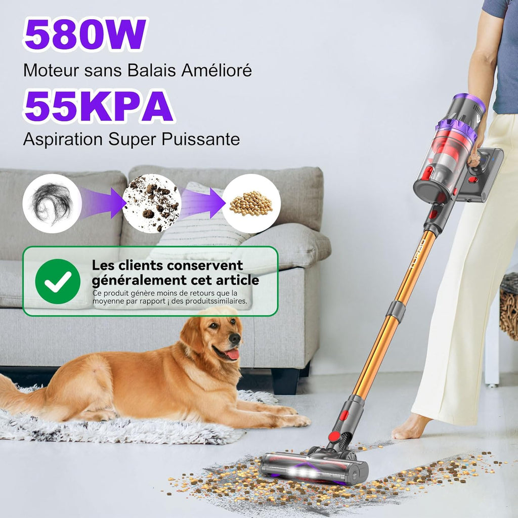 coovy SU7 Aspirateur Balai sans Fil 580W/55Kpa/75Mins, Aspirateur sans Fil Puissant, Chargement Mural, Écrans Tactiles LED, 1,3L Capacité, pour Sols Durs/Tapis/Les Poils d'animaux