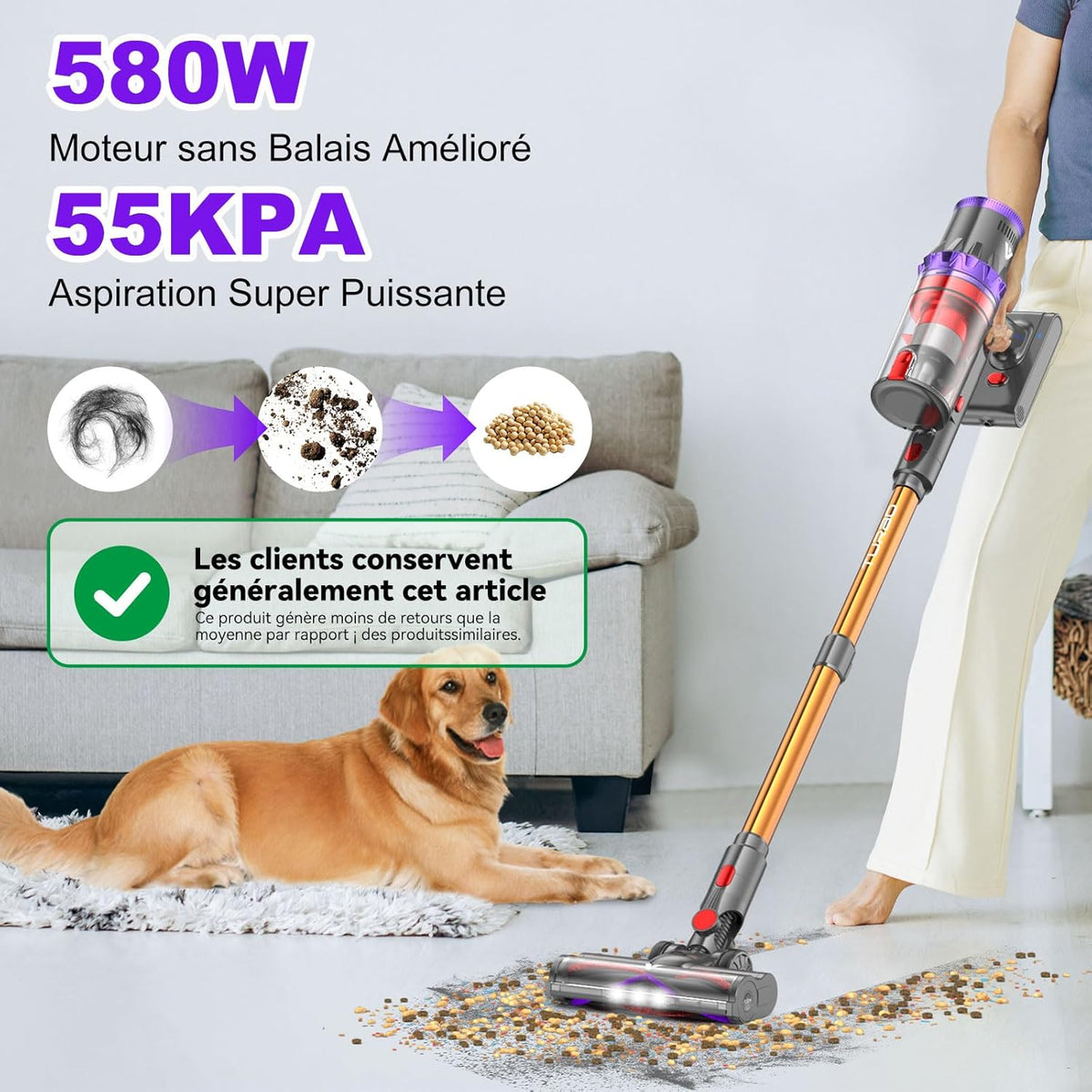 coovy SU7 Aspirateur Balai sans Fil 580W/55Kpa/75Mins, Aspirateur sans Fil Puissant, Chargement Mural, Écrans Tactiles LED, 1,3L Capacité, pour Sols Durs/Tapis/Les Poils d'animaux