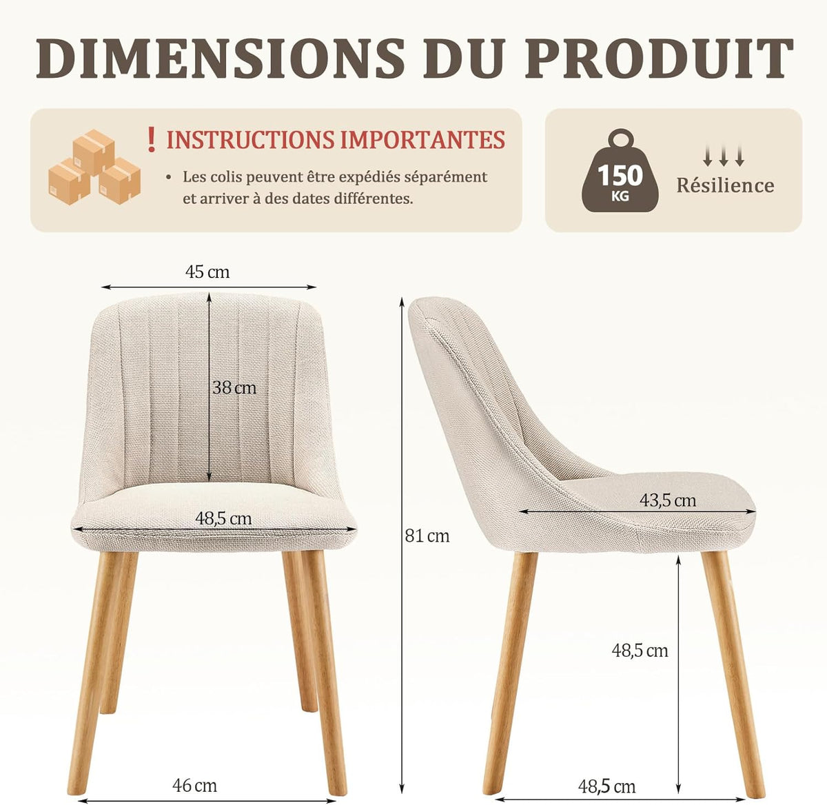 Goeurvant Lot de 6 Chaise Beige Salle a Manger Pieds Bois Chaises de Salon Chaises de Cuisine en Polyester avec Dossier pour Salon