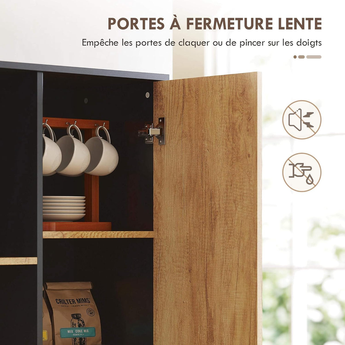 HOMCOM Buffet haut cuisine, armoire de cuisine, vaisselier, 2 tiroirs, placard à porte, 2 niches ouvertes, étagères réglables, meuble de rangement moderne, pieds en acier, 88x35x160cm, noir et naturel