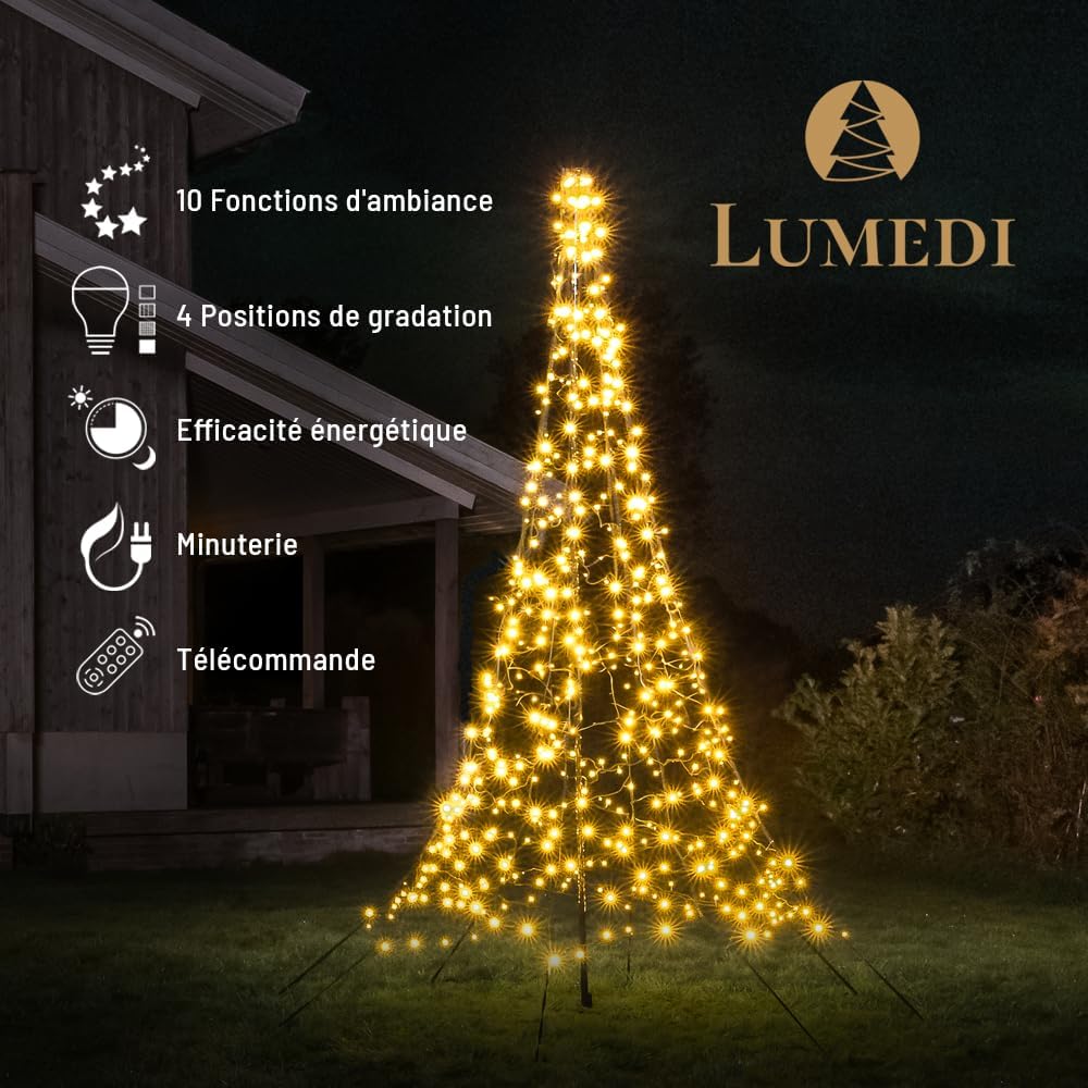 Éclairage Sapin de Noël Lumedi pour intérieur et extérieur | 300 cm | 480 lumières LED | Arbre de Noël avec Mât | Guirlandes Lumineuses | avec Minuteur, Variateur et 10 Fonctions Atmosphériques