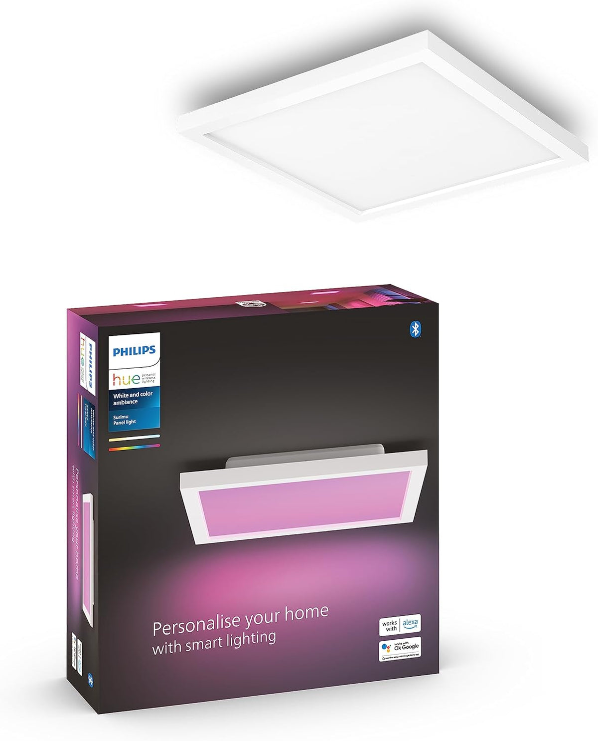 Hue White and Color Ambiance, plafonnier LED connecté Surimu 30x30, compatible Bluetooth, 27W, fonctionne avec Alexa, Google Assistant et Homekit