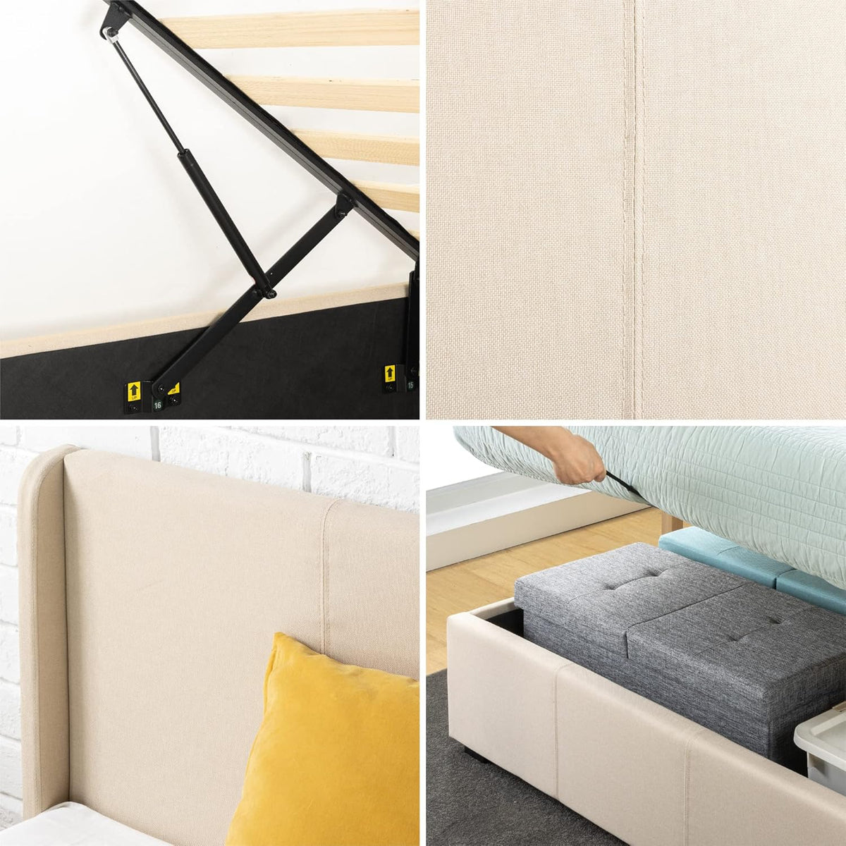 Zinus Maddon Lit Coffre 140x190 cm - Hauteur 31 cm - Système de Levage Hydraulique - Tête et Cadre de Lit Double en Bois tapissier - Beige