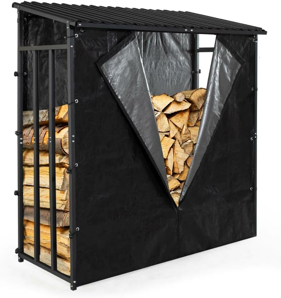 TERRE JARDIN - Range Bûches Extérieur 186 x 70 x 185 cm - Abri Bois de Chauffage avec Housse Protection - Support Bûches Extérieur en Acier Galvanisé Robuste - Résistant aux Intempéries