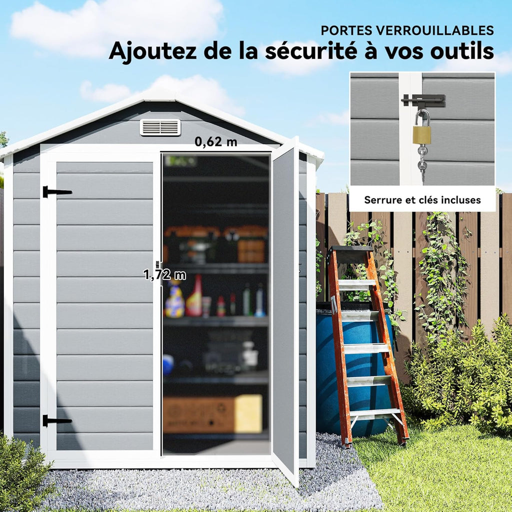 Outsunny Abri de Jardin cabanon en résine polypropylène 2,12 m² - 2 Portes 1 fenêtre et 1 Grille d'aération, Toit en Pente, Gris