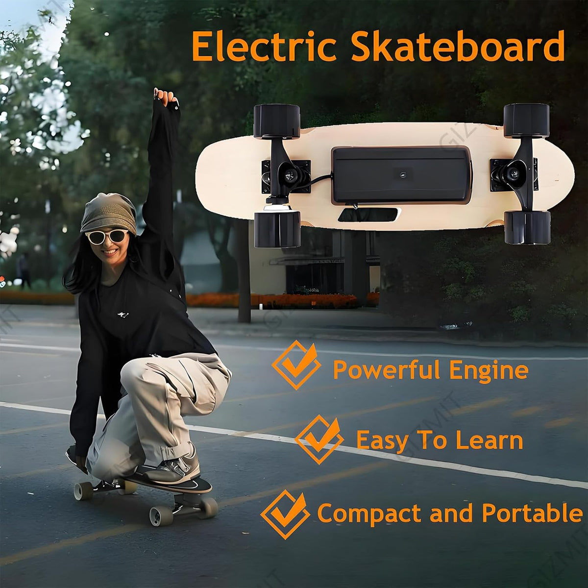 GIZMIT Skateboard électrique Tout-Terrain, Longboard électrique avec télécommande, Moteur de moyeu de 450 W, Vitesse maximale de 24 km/h, autonomie de 13,2 km, 3 Vitesses réglables