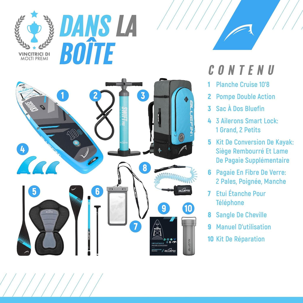 Planche Gonflable Bluefin SUP Cruise 10'8 - Planche de Sup Adulte - Facile à Transporter - Kit de Paddle Complet - Accessoires Sup Inclus