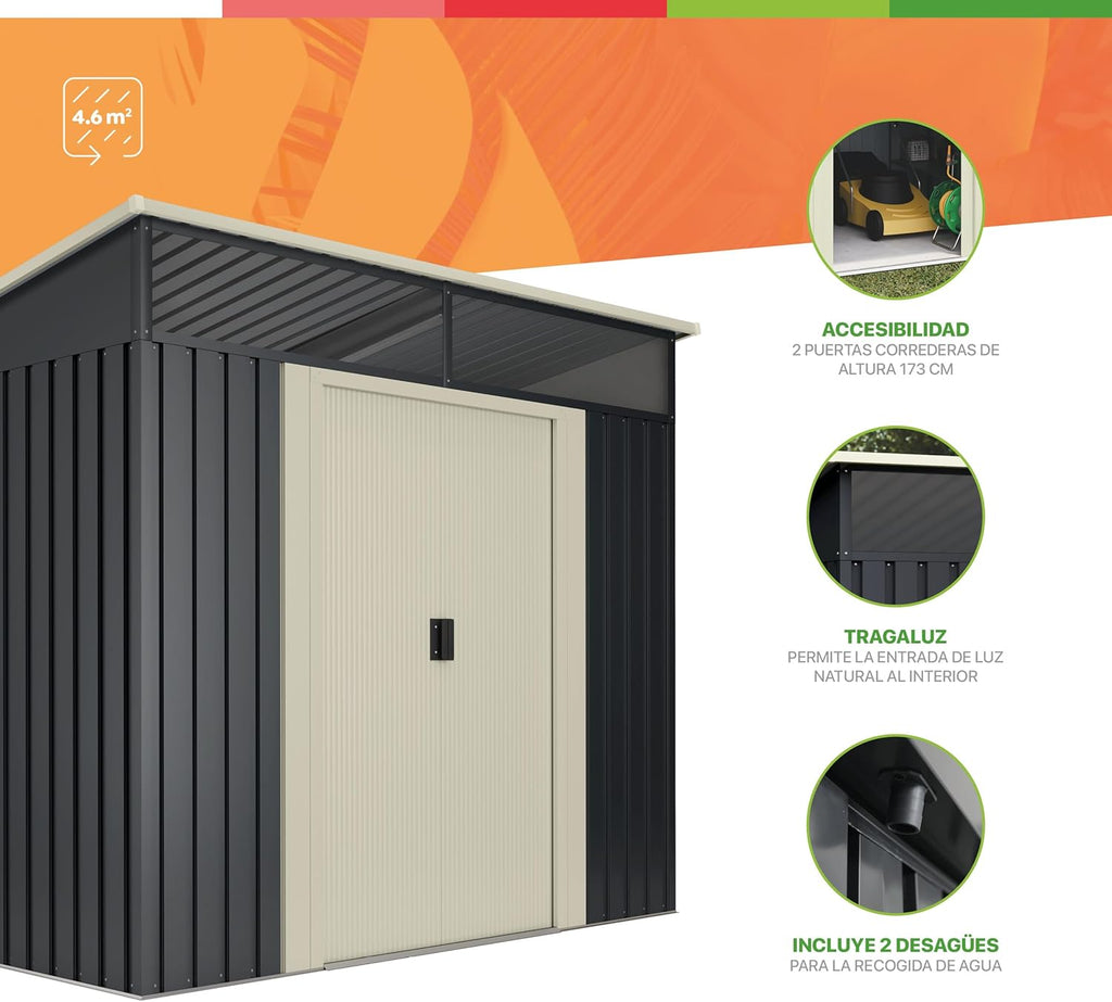 Wasabi - Abri de Jardin Métal 4,6m2 Stark avec fenêtre - Porte coulissante Double - Toit Plat - Cabane extérieur - Cabanon Rangement et Stockage - 194x239x203cm
