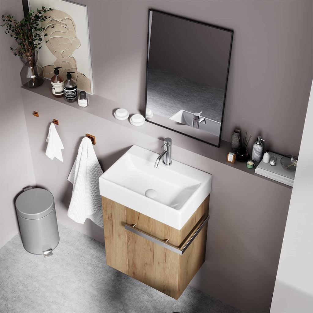 BRIDGE BENO Meuble De Salle De Bain De 50 cm avec Lavabo en Céramique, Tiroir À Fermeture Douce, Poignée Porte-Serviettes, Option Gauche/Droite, European Oak