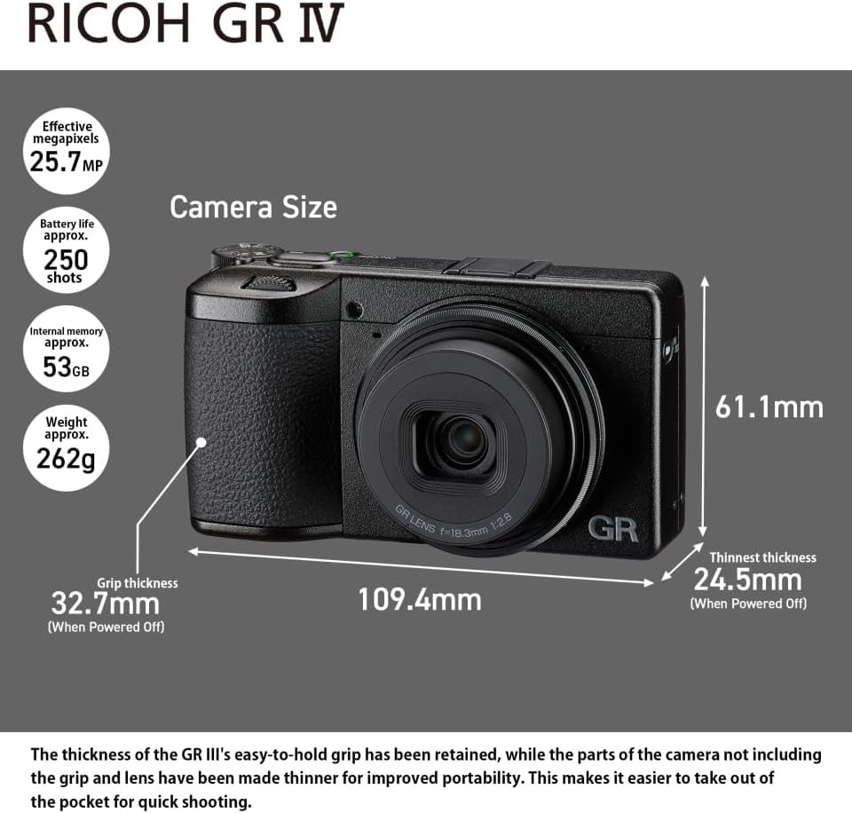 Appareil photo numérique compact haut de gamme Ricoh GR IV [Distance focale 28 mm] [Capteur CMOS APS-C 25,7 Mpx] [Démarrage rapide ~ 0,6 s] [Autofocus rapide] [ISO 204800] [L'appareil photo instantané