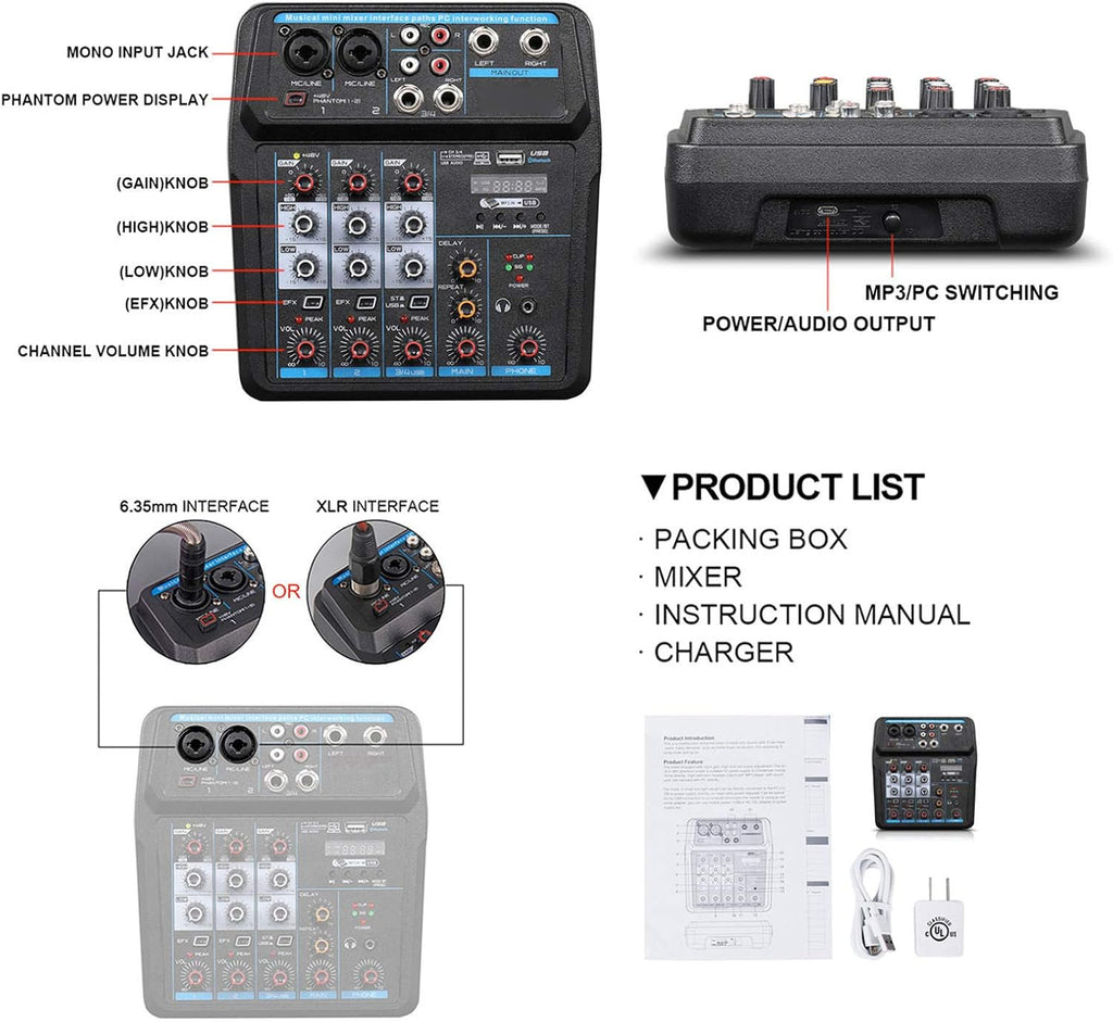Mixeur audio, Interface de contrôleur de son DJ for mixeurs en direct avec clé USB for enregistrement sur ordinateur Mixeur audio de studio 4/6 canaux Professionnel et débutant, 6 canaux(4 Channel)