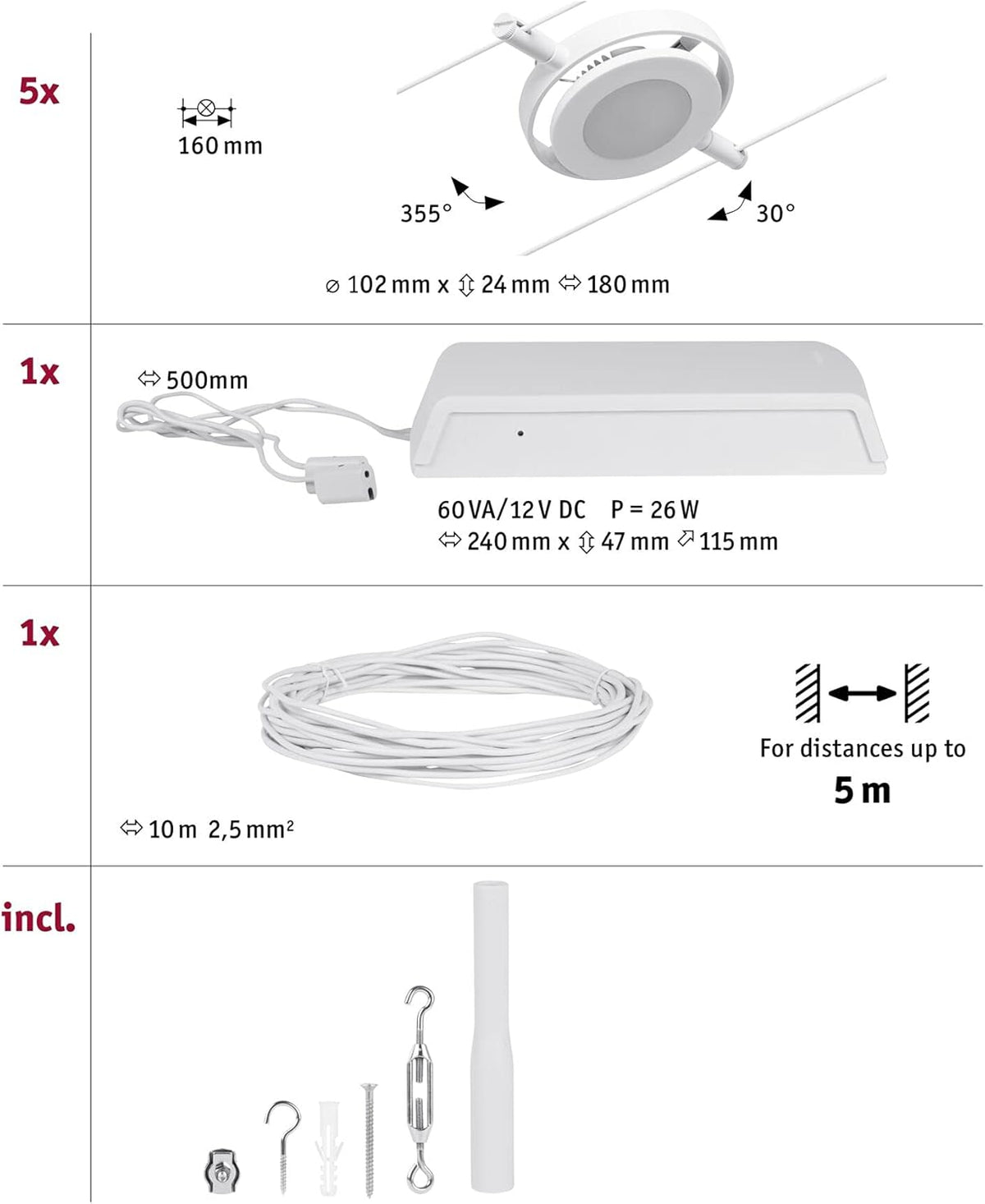 Paulmann 94416 CorDuo Kit de cordage LED RoundMac DC avec câble métallique extensible Blanc chromé 3000 K 5 x 4,5 W